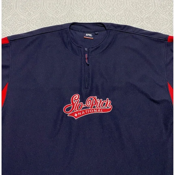 SPN Slo Pitch National Championship Pullover Jersey Navy Red Mens XL 1/4 Zip‎ - Picture 2 of 12